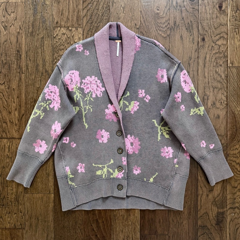 NWOT Rare Free People Chamomile Pattern Cardi Pink and Green Floral Combo XS